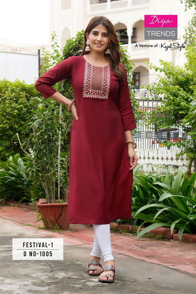 Festival Vol 1 By Diya Trends Roman Silk Embroidery Kurtis Suppliers In India